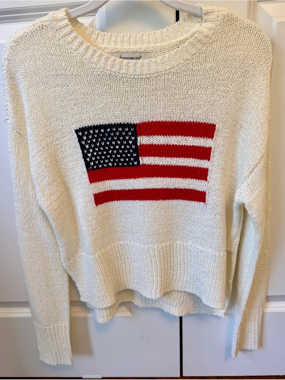 Francesca's Collections Cream Sweater with Red & Navy Flag Accent